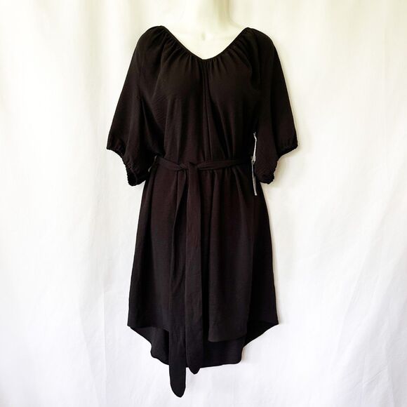 NWT Worthington Black Knee-Length Crepe Dress (XL) Half Sleeves Tie Waist - Picture 1 of 9
